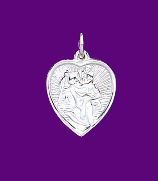 Silver heart shaped St Christopher necklace UK featuring intricate religious design