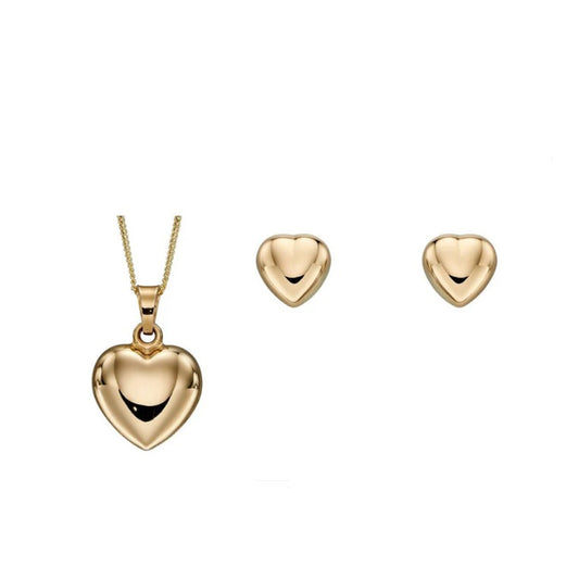 Heart Pendant and Earrings Set 9ct Yellow Gold 16, 18 or 20" Chain Hallmark