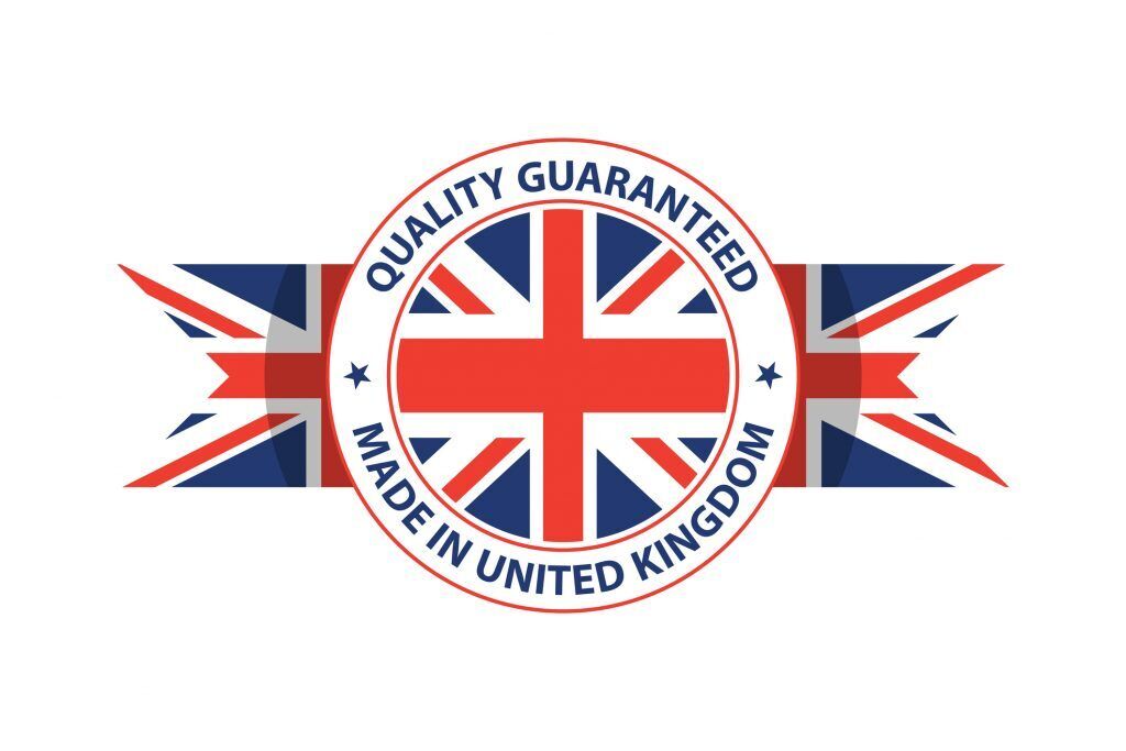 Quality guaranteed made in United Kingdom badge with Union Jack flag design