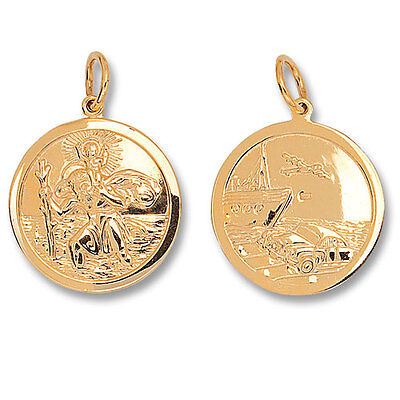 J R Jewellery double sided St. Christopher medal gold pendant showing Saint Christopher carrying child and ship scene