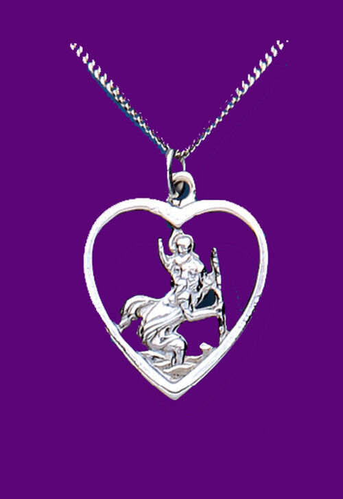 J R Jewellery Sterling silver St. Christopher pendant. Heart shaped frame with Saint Christopher on a chain