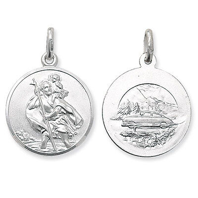 J R Jewellery silver St Christopher pendant necklace double sided round medallion showing saint carrying child and car scene