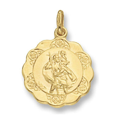 J R Jewellery yellow gold St Christopher pendant round scalloped medallion showing St Christopher carrying child