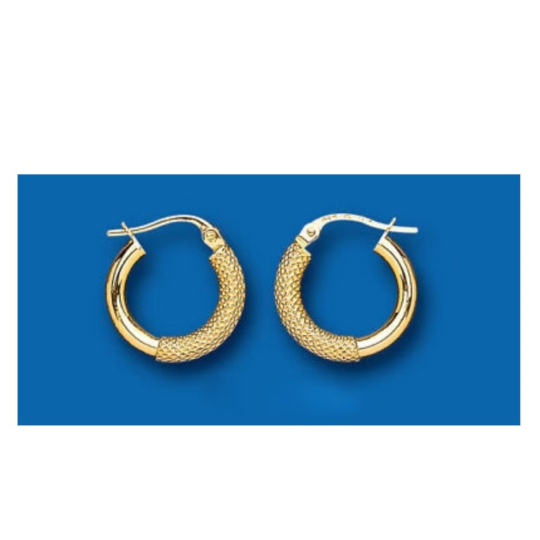 Hoop Earrings Yellow Gold 15mm Textured Hoops Creole Hallmarked 15mm