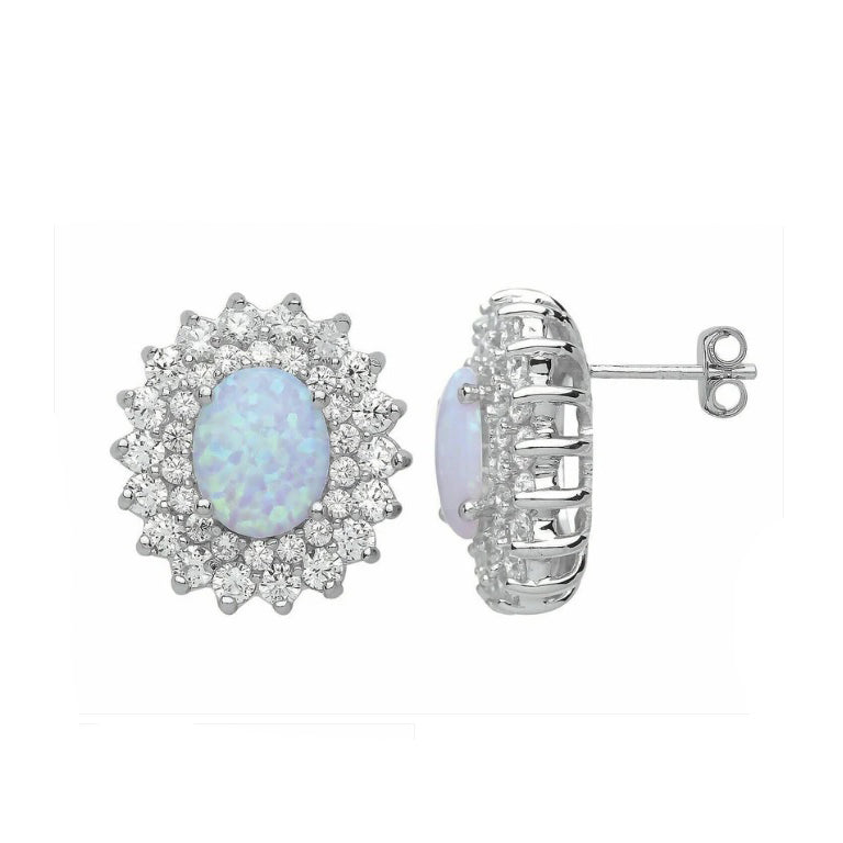 Huge Opal Stud Earrings Solid Sterling Silver Rhodium Plated 925 Hallmark