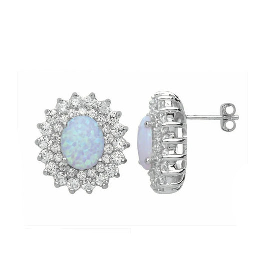 Huge Opal Stud Earrings Solid Sterling Silver Rhodium Plated 925 Hallmark