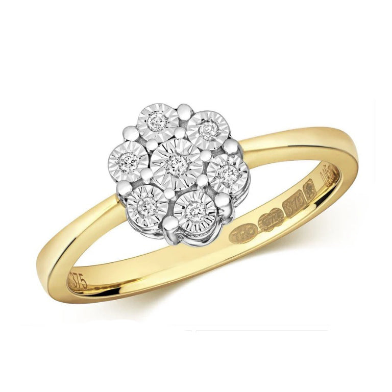 9ct Yellow Gold Diamond Ring Round Illusion Set Cluster Size J K L M N O P Q