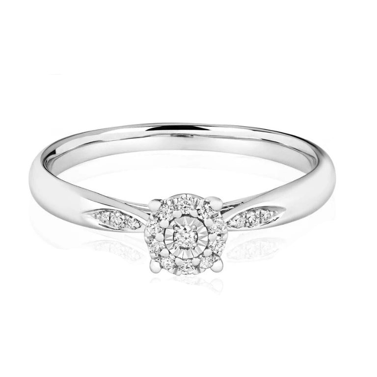 9ct White Gold Real Diamond Ring Illusion Solitaire Engagement