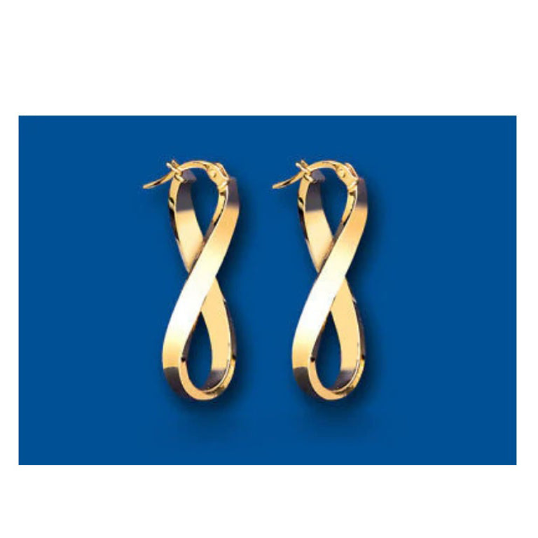 J R Jewellery infinity gold hoop earrings with elegant twisted design on blue background