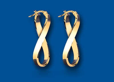 Infinity gold hoop earrings by J R Jewellery with elegant twisted design on blue background