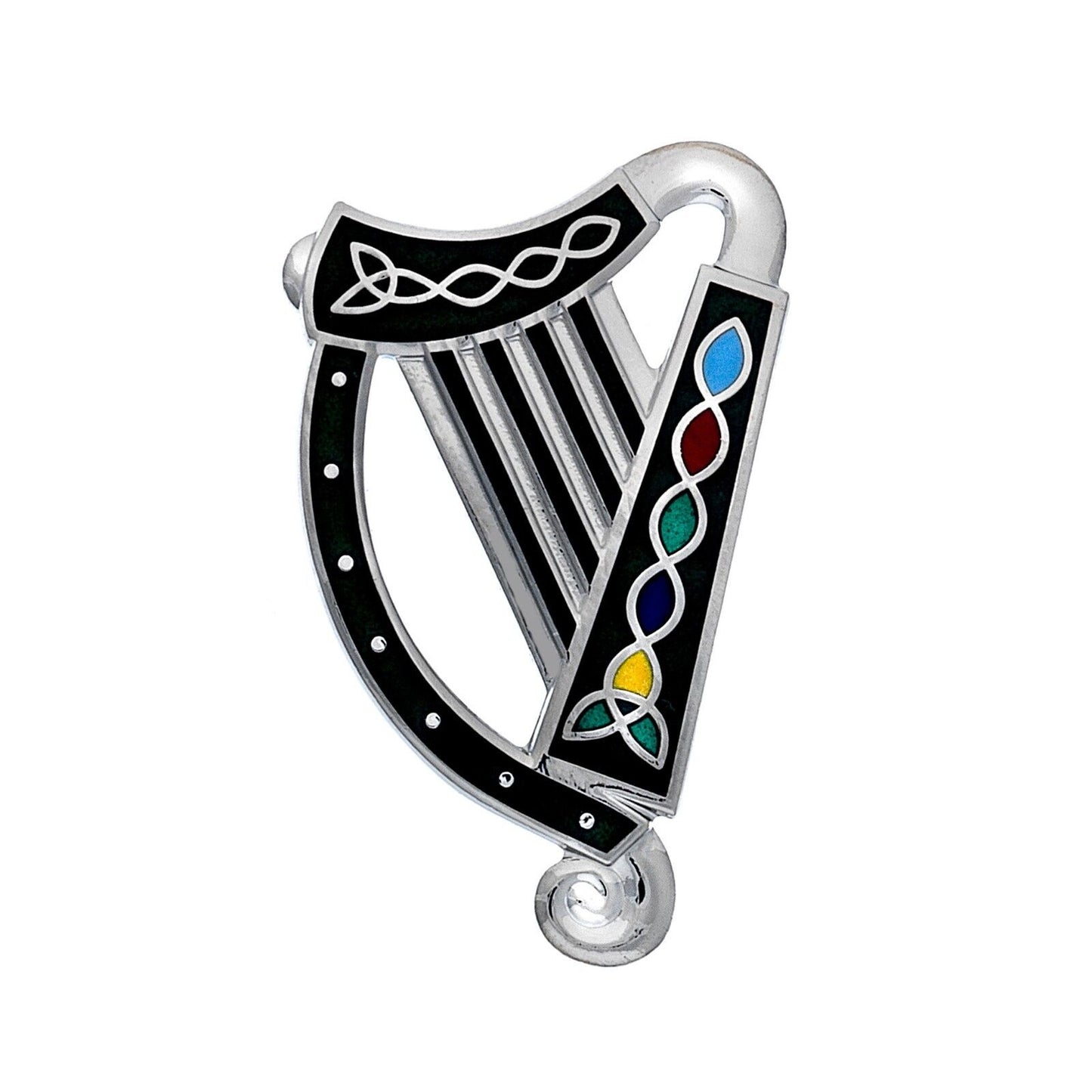 J R Jewellery Irish harp brooch silver plated with black and colorful Celtic design details