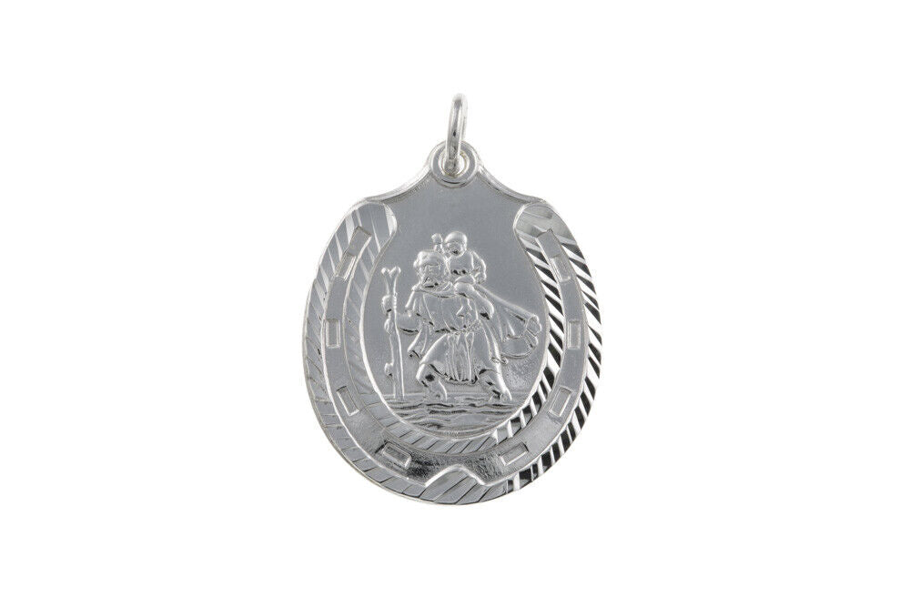 J R Jewellery silver St Christopher pendant oval engraved saint carrying child detailed polished finish