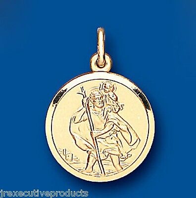 Gold St Christopher pendant round medallion by J R Jewellery showing St Christopher carrying child with loop
