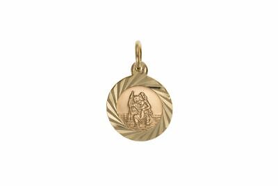 J R Jewellery round gold St Christopher pendant medallion with engraved saint motif and textured border