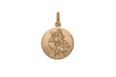 Gold St Christopher pendant round medallion with detailed saint motif and polished bail by J R Jewellery