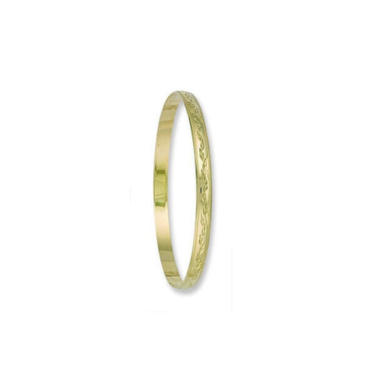 Bangle Solid Yellow Gold Ladies D Shape Engraved Bracelet