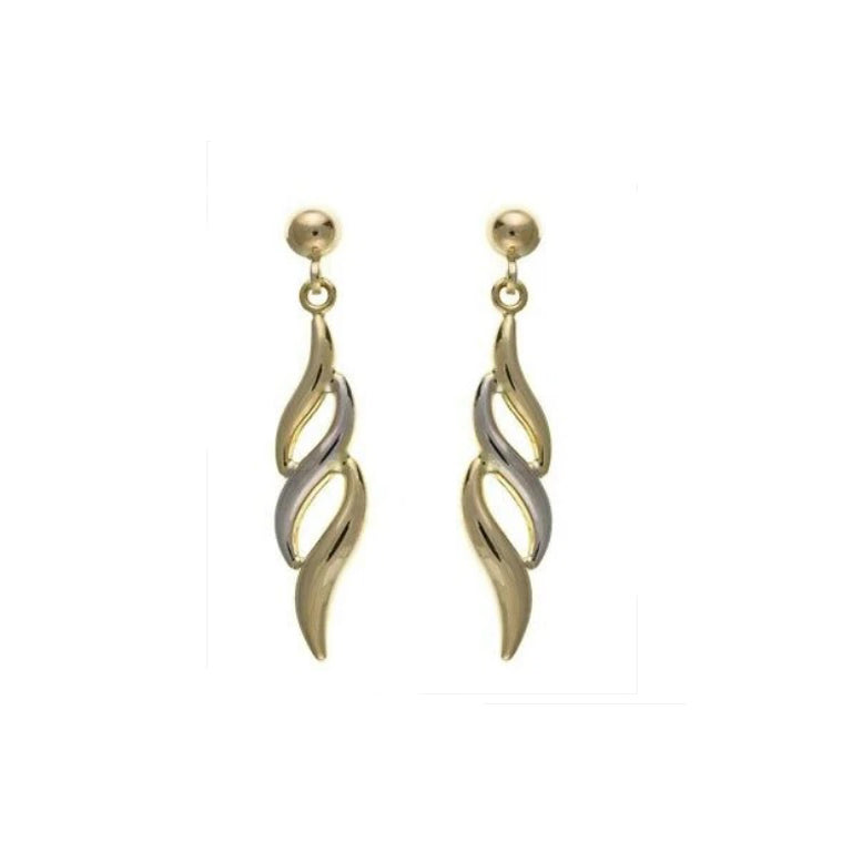 Two Colour Gold Flame Drop Earrings 9ct Yellow and White Gold Hallmarked Drops