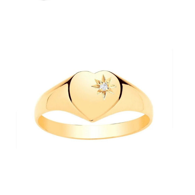 Ladies Diamond Signet Ring Solid 9ct Yellow Gold Heart Fully Hallmarked