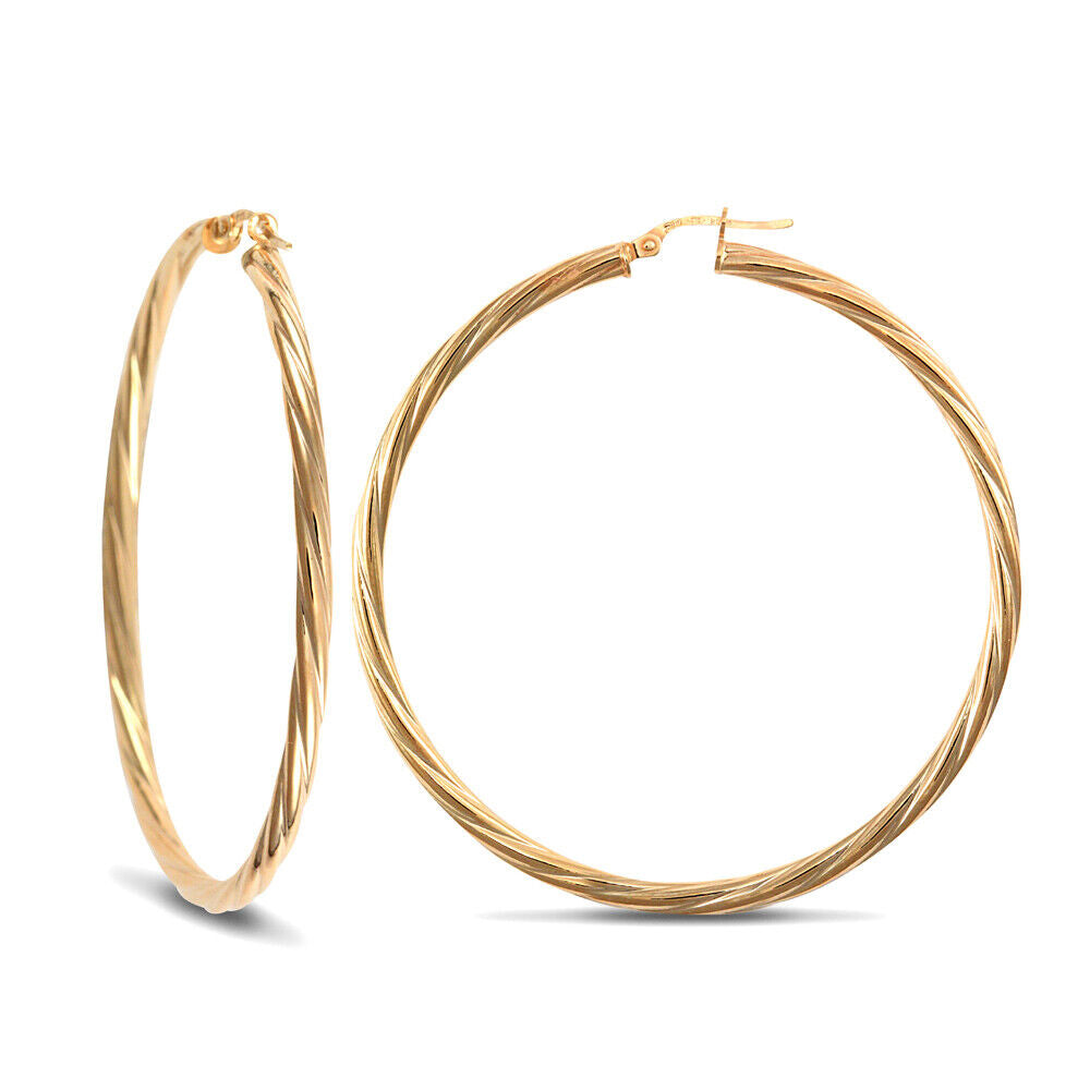 J R Jewellery large gold hoop earrings 55mm with twisted design and secure clasp closure
