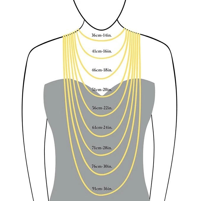 Guide showing different chain lengths for large oval family locket photo locket UK on a jewellery model