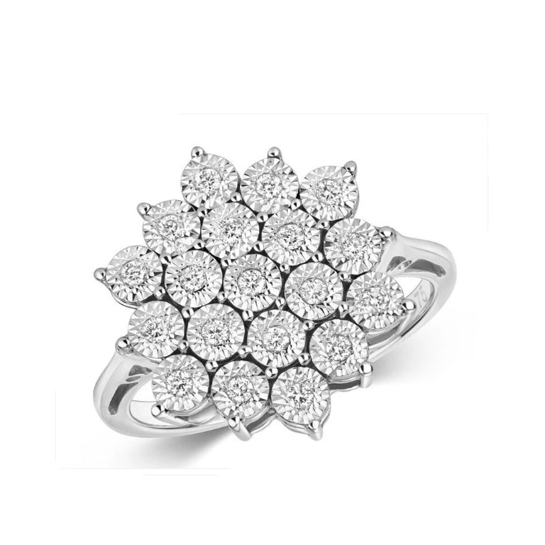 Real Diamond Ring Large Cluster 9ct White Gold Engagement 0.20ctw Size J - Q
