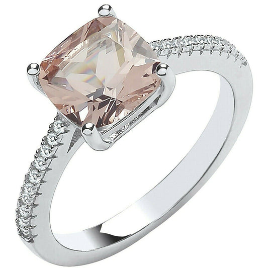 J R Jewellery morganite cushion solitaire ring with pink cushion morganite centre and diamond pave white gold band