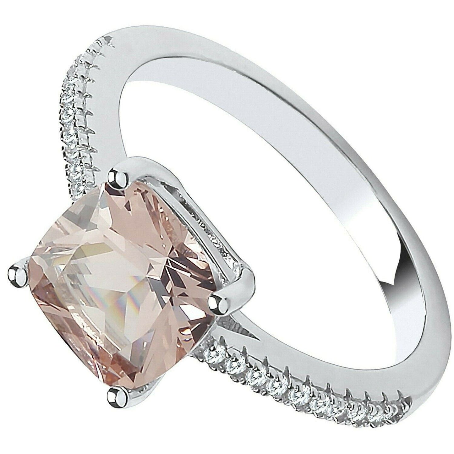 J R Jewellery morganite cushion solitaire ring featuring peach cushion morganite in four prong setting with diamond pave band