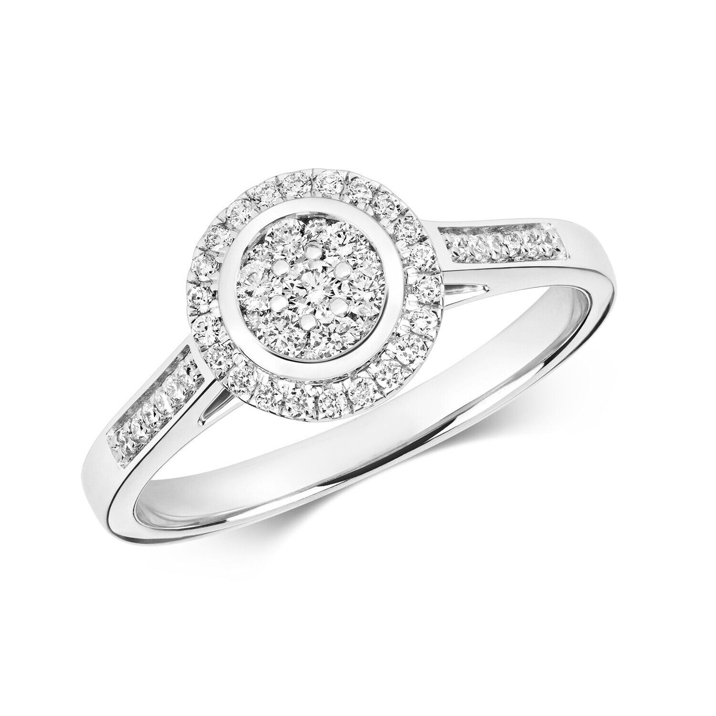 J R Jewellery real diamond halo engagement ring in white gold with round cluster centre and pave shoulders