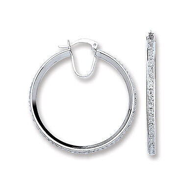 J R Jewellery sterling silver hoop earrings with sparkling pave stones and secure hinged clasp