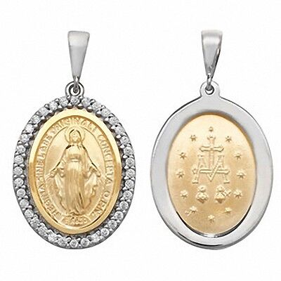 J R Jewellery gold Madonna pendant necklace double sided oval medallion with Virgin Mary front and engraved back, white stone halo