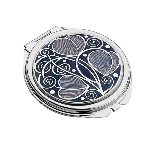 J R Jewellery Mackintosh leaf cosmetic mirror with intricate blue and silver floral design