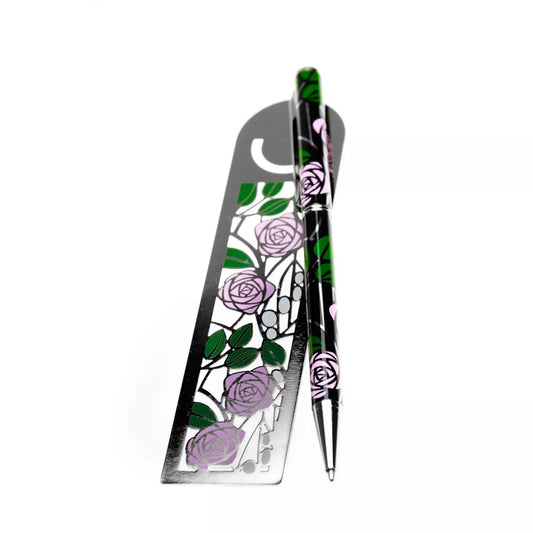 Mackintosh pen and bookmark set with purple rose and green leaf design from J R Jewellery