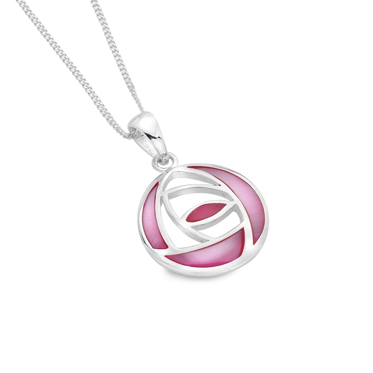J R Jewellery Mackintosh pink rose pendant with silver chain and pink enamel details