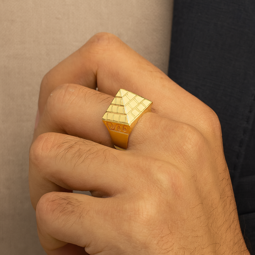 Mens 18ct Gold Pyramid Ring on Solid Sterling Silver worn on a hand showcasing its unique design