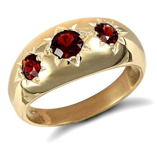 J R Jewellery men's 9ct gold garnet ring with three red garnet stones set in star-shaped settings