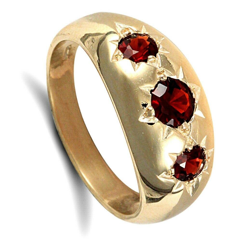 J R Jewellery men's 9ct gold garnet ring with three round deep red garnet stones set in a polished gold band