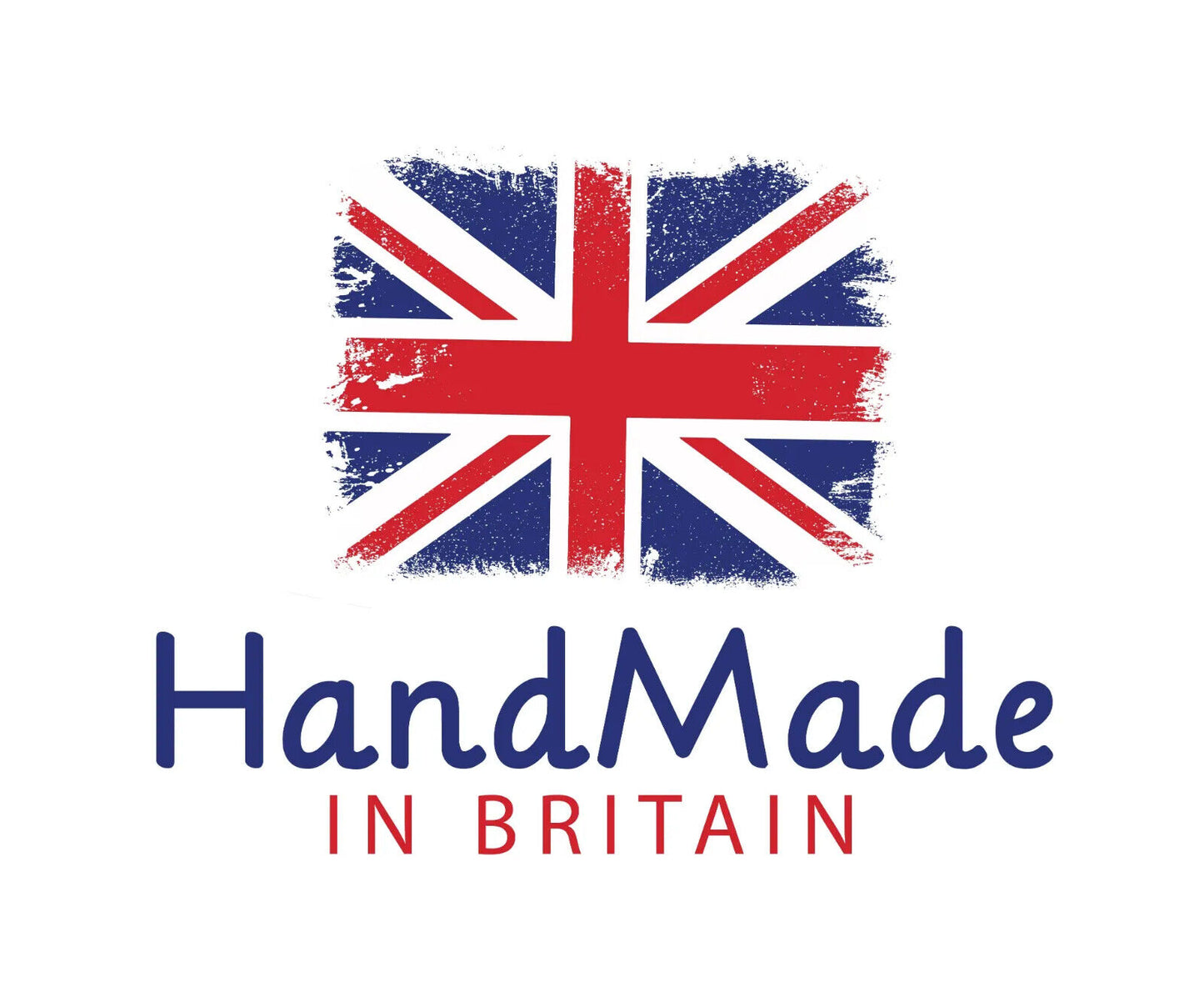 Handmade in Britain logo with distressed Union Jack flag and text below in blue and red