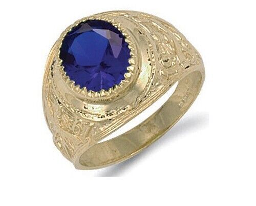 J R Jewellery men's blue stone graduation ring with intricate gold detailing and bold blue gemstone
