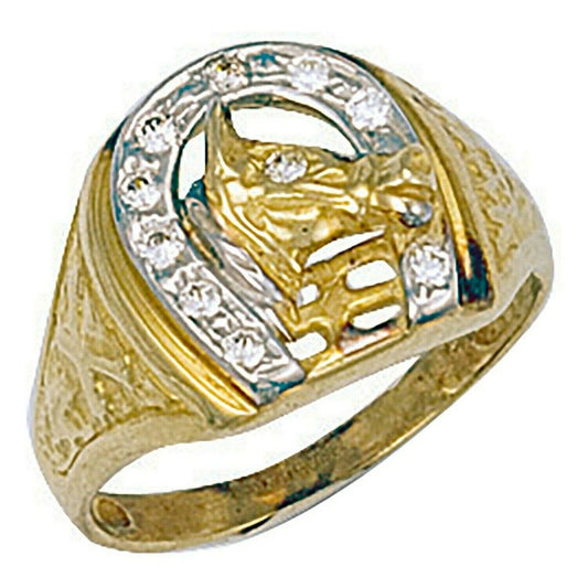 Men's gold horseshoe ring by J R Jewellery featuring a detailed horse head and diamond accents