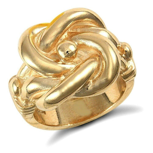 J R Jewellery men's heavy knot ring in polished gold finish with bold, intricate design