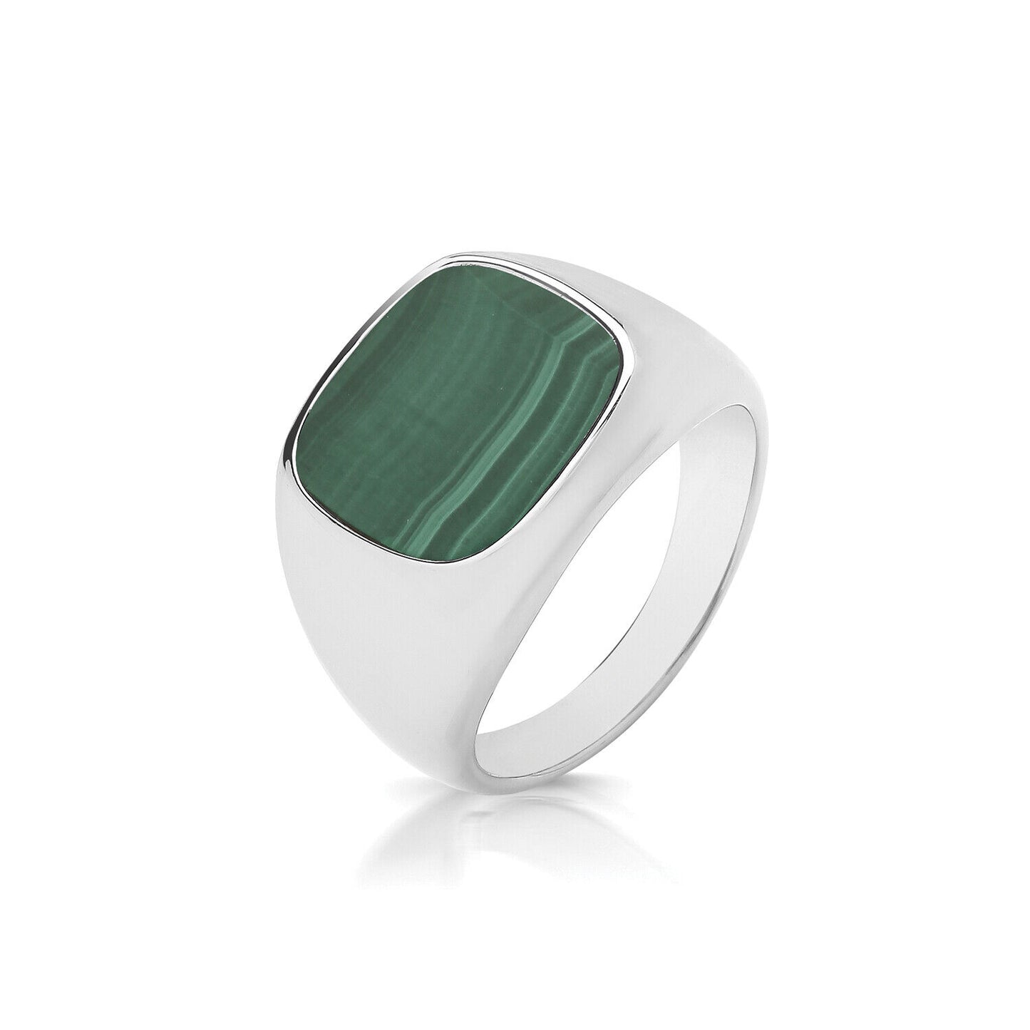 Men's malachite signet ring with polished silver band featuring rectangular green malachite stone