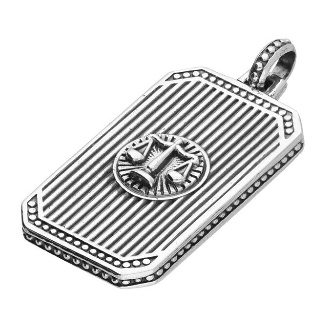 Men's sterling silver zodiac necklace pendant with Libra symbol and detailed striped design