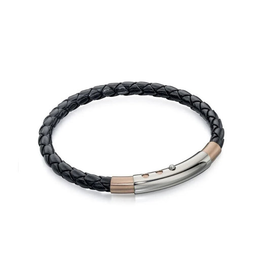Fred Bennett Black Leather Bracelet with IP Detail 22cm B4687