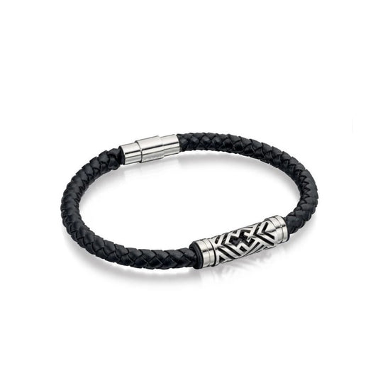 Fred Bennett Black Plaited Leather Bracelet with Steel Section 21cm B4725
