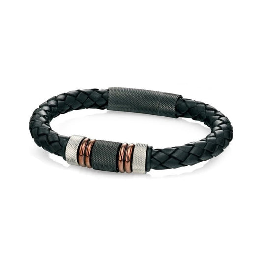 Fred Bennett Black Leather Woven Bracelet with IP Clasp 21.5cm B4377