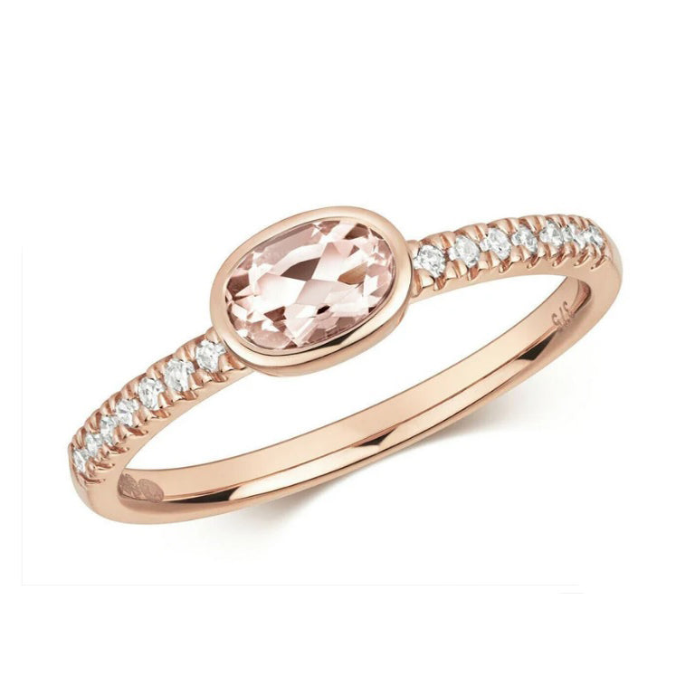 Real Morganite and Diamond Ring Solid Rose Gold Oval Solitaire Size J - Q