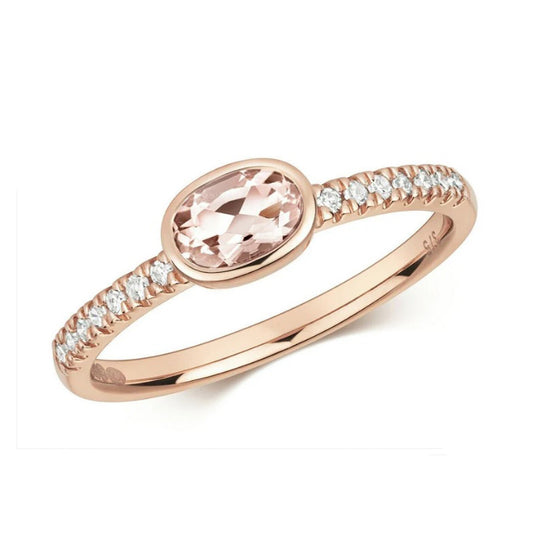 Real Morganite and Diamond Ring Solid Rose Gold Oval Solitaire Size J - Q