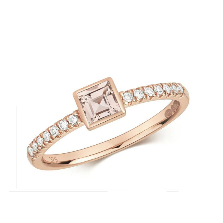 Real Morganite and Diamond Ring Solid Rose Gold Square Solitaire Size J - Q