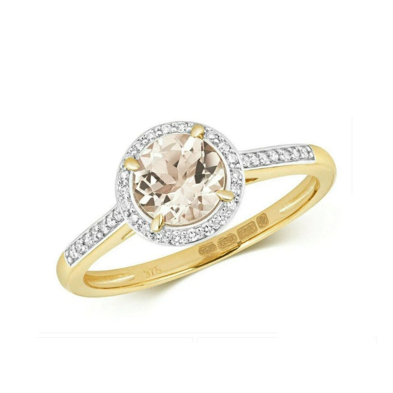 Real Morganite and Diamond Ring Solid Yellow Gold Round Cluster Size JKLMNOPQ