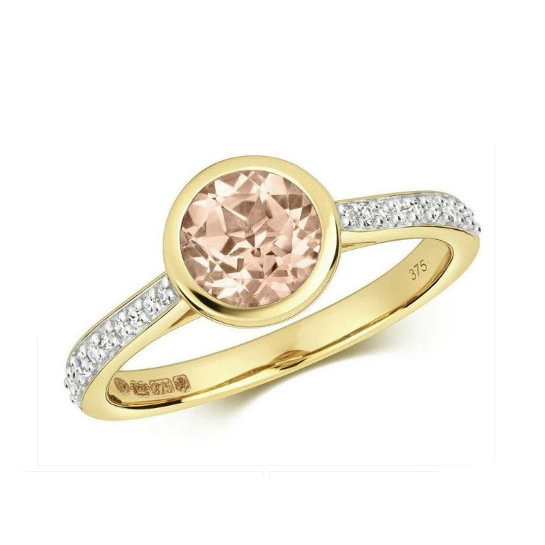 Real Morganite and Diamond Ring 9ct Yellow Gold Solitaire Size JKLMNOPQ